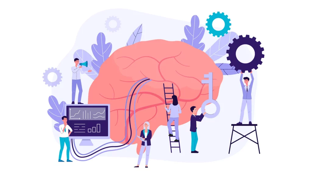 Individuals Engaging with Brain: Diverse group attempting to stimulate brain using various methods, illustrating neuromarketing concepts.